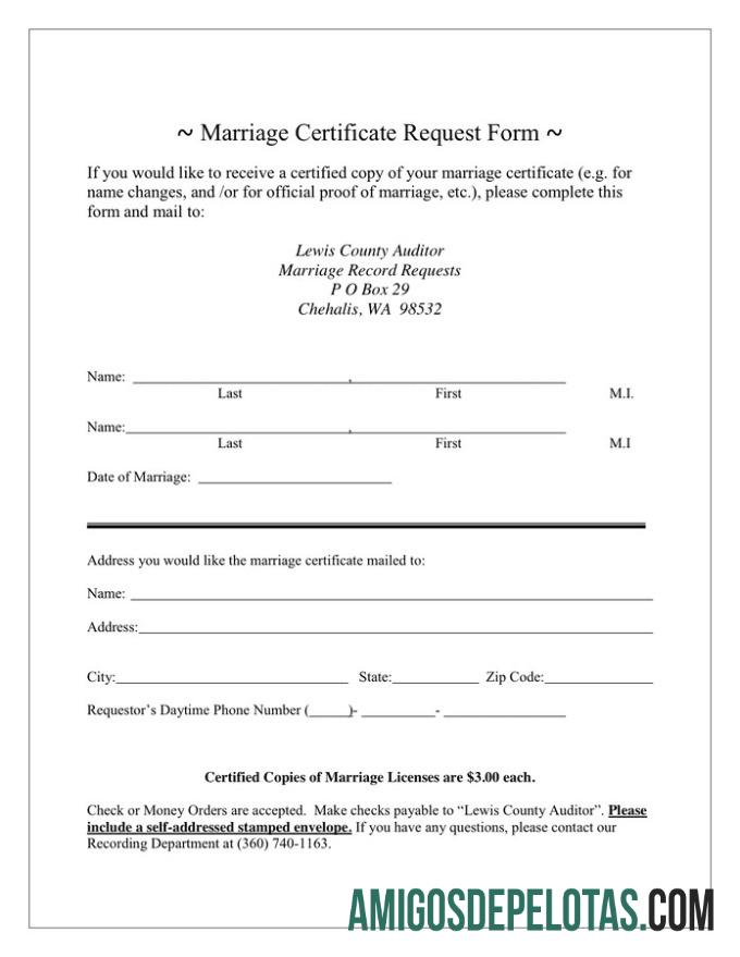 Certidão de Casamento do Condado de Chehalis nos EUA amostra